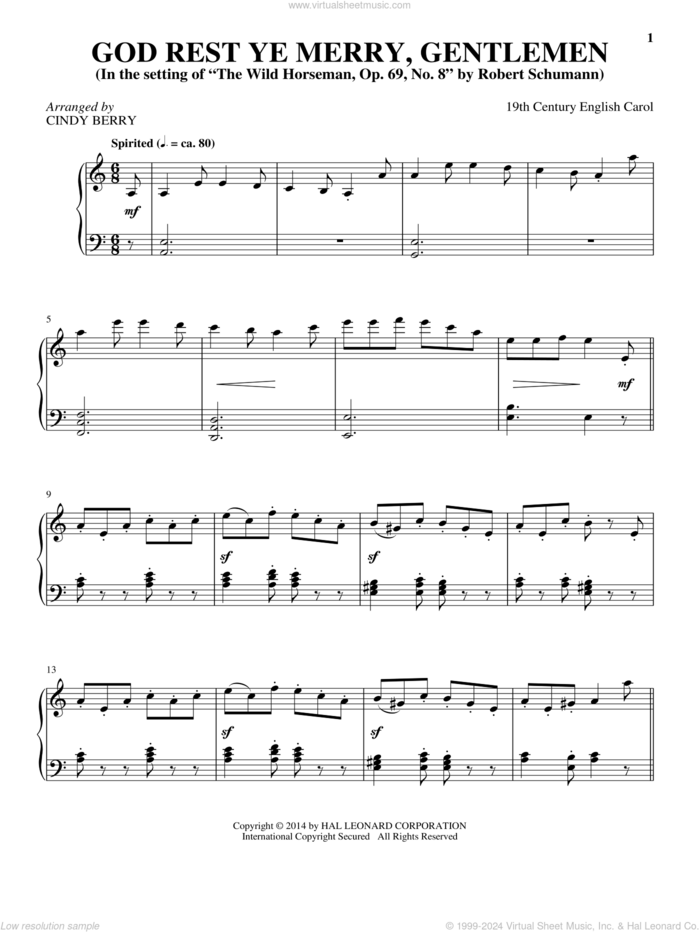 God Rest Ye Merry, Gentlemen sheet music for piano solo by Cindy Berry and 19th Century English Carol, intermediate skill level