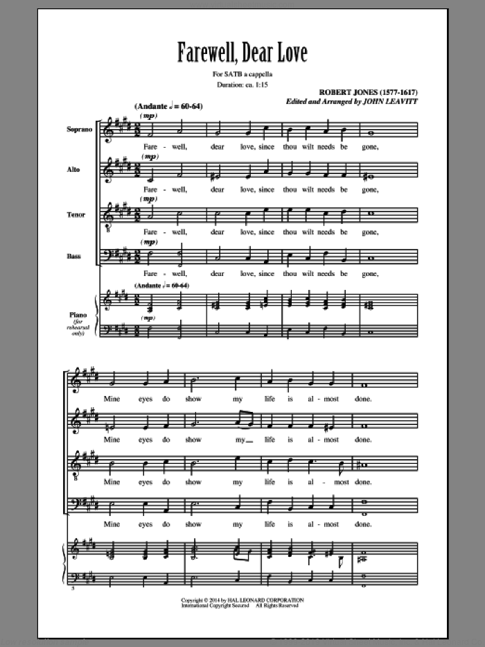Farewell, Dear Love sheet music for choir (SATB: soprano, alto, tenor, bass) by Robert Jones and John Leavitt, intermediate skill level