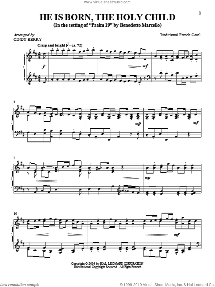 He Is Born, The Holy Child (Il Est Ne, Le Divin Enfant) sheet music for piano solo by Cindy Berry and Miscellaneous, intermediate skill level