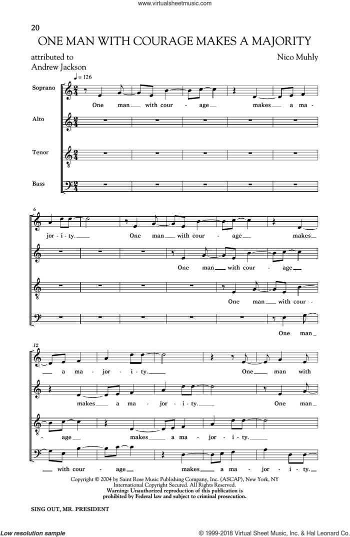 One Man With Courage Makes A Majority sheet music for choir (SATB: soprano, alto, tenor, bass) by Nico Muhly and Andrew Jackson, intermediate skill level