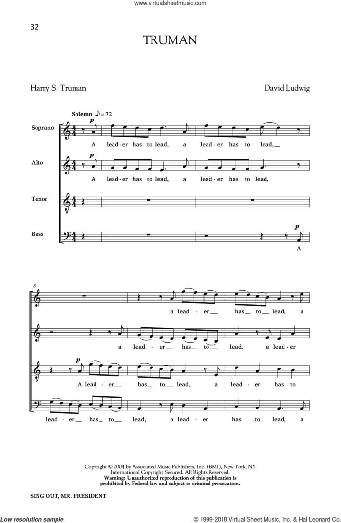 Truman sheet music for choir (SATB: soprano, alto, tenor, bass) by David Ludwig and Harry Truman, intermediate skill level