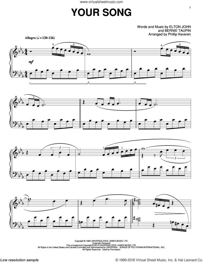 Your Song [Classical version] (arr. Phillip Keveren) sheet music for piano solo by Phillip Keveren, Bernie Taupin and Elton John, intermediate skill level