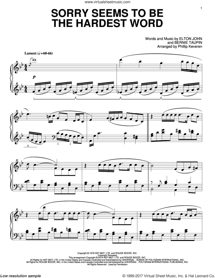 Sorry Seems To Be The Hardest Word [Classical version] (arr. Phillip Keveren) sheet music for piano solo by Phillip Keveren, Bernie Taupin and Elton John, intermediate skill level
