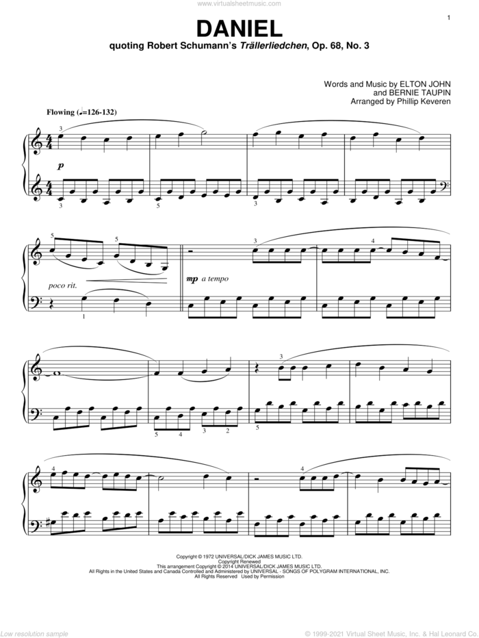 Daniel [Classical version] (arr. Phillip Keveren) sheet music for piano solo by Phillip Keveren, Bernie Taupin and Elton John, intermediate skill level
