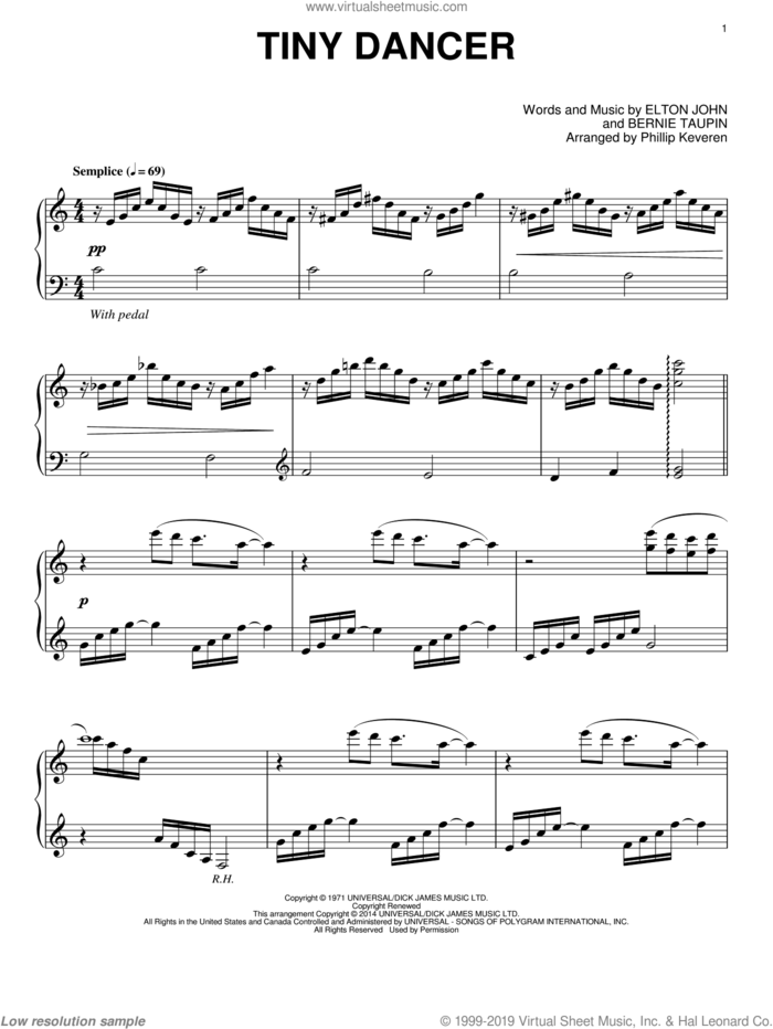 Tiny Dancer [Classical version] (arr. Phillip Keveren) sheet music for piano solo by Phillip Keveren, Bernie Taupin and Elton John, intermediate skill level