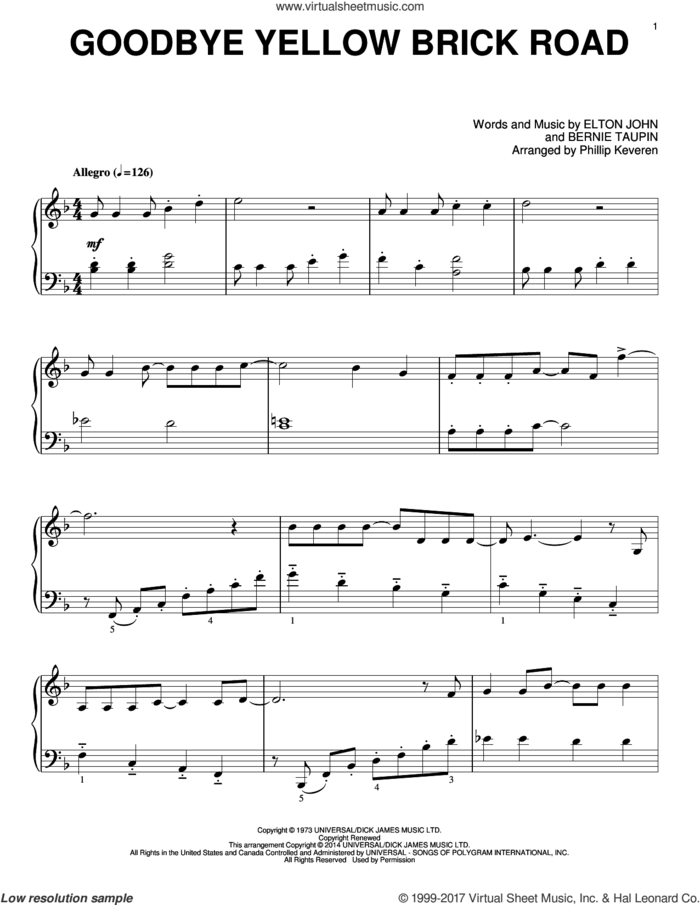 Goodbye Yellow Brick Road [Classical version] (arr. Phillip Keveren) sheet music for piano solo by Phillip Keveren, Bernie Taupin and Elton John, intermediate skill level