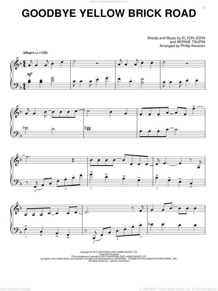 Goodbye Yellow Brick Road [Classical version] (arr. Phillip Keveren) sheet music for piano solo by Phillip Keveren, Bernie Taupin and Elton John, intermediate skill level