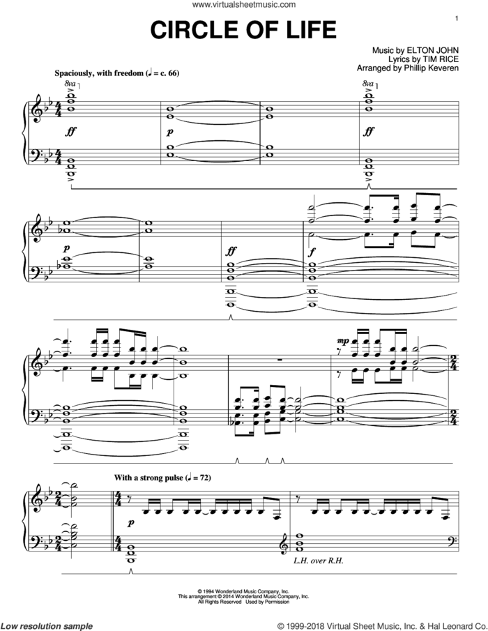Circle Of Life (from The Lion King) [Classical version] (arr. Phillip Keveren) sheet music for piano solo by Phillip Keveren, Elton John and Tim Rice, intermediate skill level