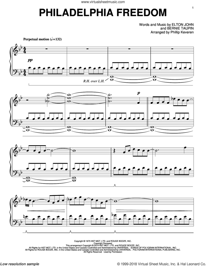 Philadelphia Freedom [Classical version] (arr. Phillip Keveren) sheet music for piano solo by Phillip Keveren, Bernie Taupin and Elton John, intermediate skill level