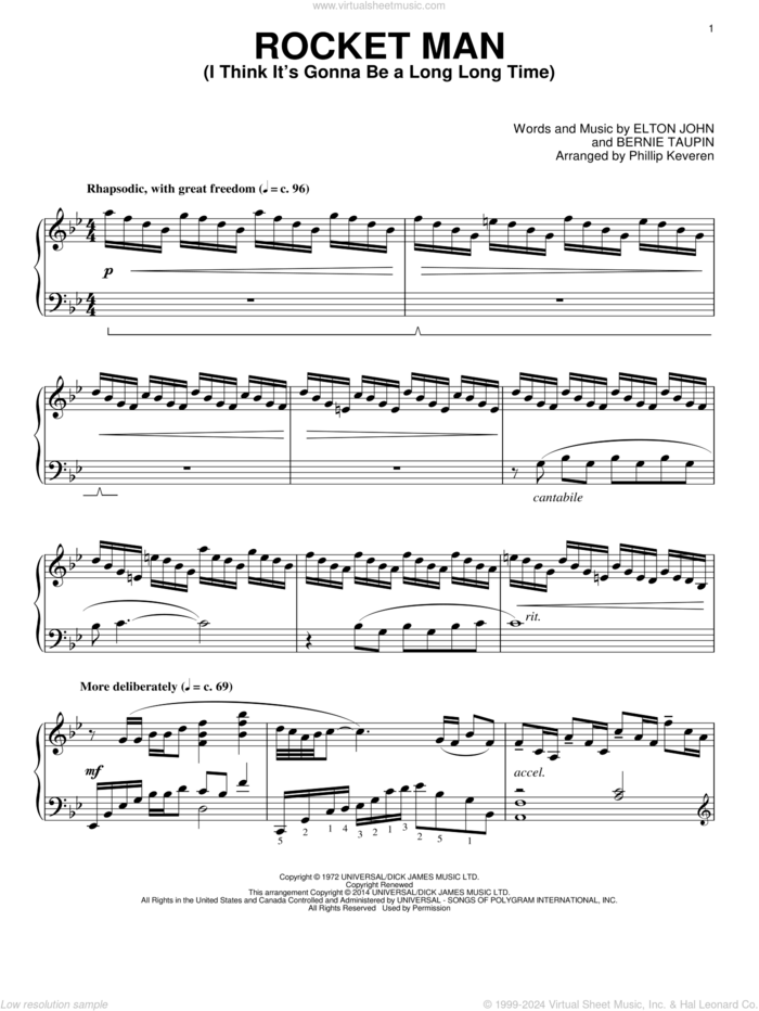 Rocket Man (I Think It's Gonna Be A Long Long Time) [Classical version] (arr. Phillip Keveren) sheet music for piano solo by Phillip Keveren, Bernie Taupin and Elton John, intermediate skill level