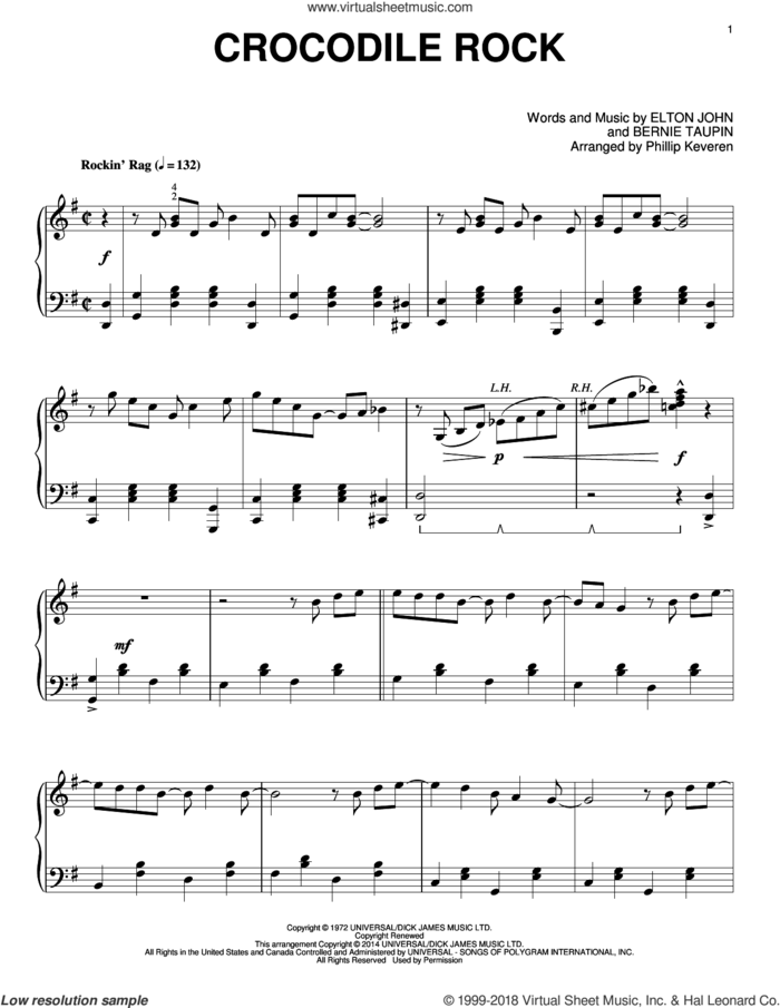 Crocodile Rock [Classical version] (arr. Phillip Keveren) sheet music for piano solo by Phillip Keveren, Bernie Taupin and Elton John, intermediate skill level