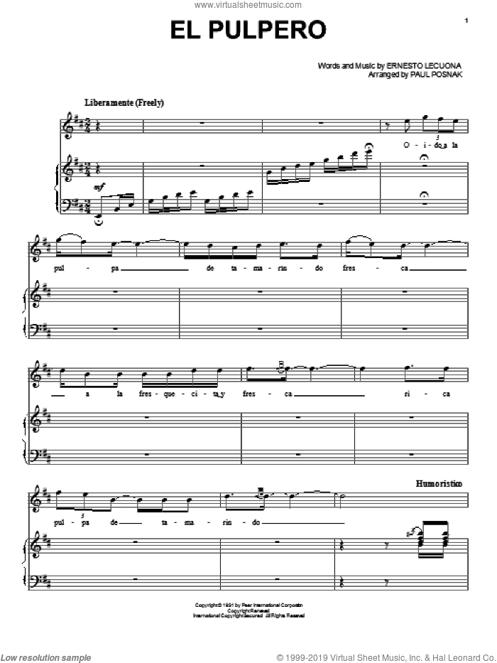 El Pulpero sheet music for voice and piano by Ernesto Lecuona and Paul Posnak, intermediate skill level