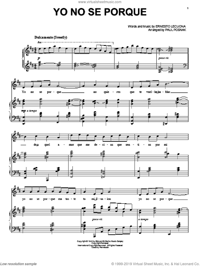 Yo No Se Porque sheet music for voice and piano by Ernesto Lecuona and Paul Posnak, intermediate skill level