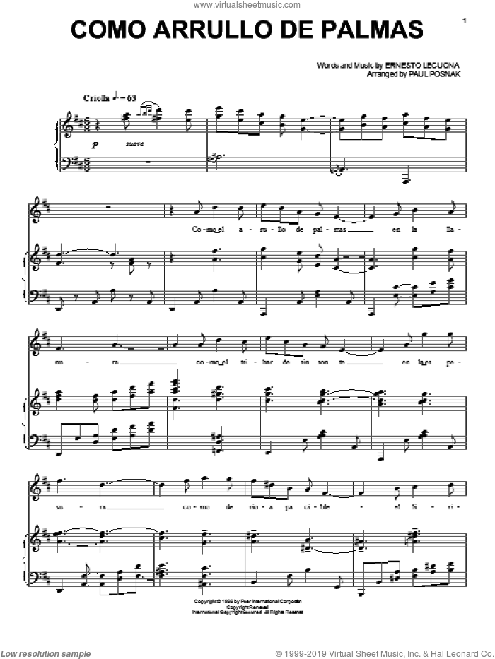 Como Arrullo De Palmas sheet music for voice and piano by Ernesto Lecuona and Paul Posnak, intermediate skill level
