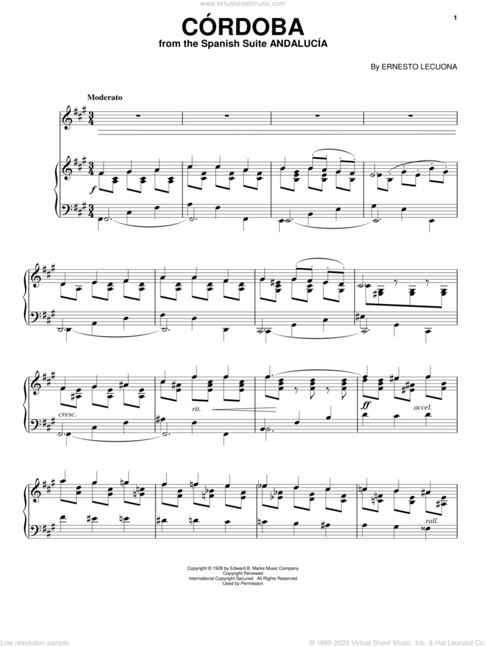 Cordoba sheet music for voice and piano by Ernesto Lecuona and Paul Posnak, intermediate skill level