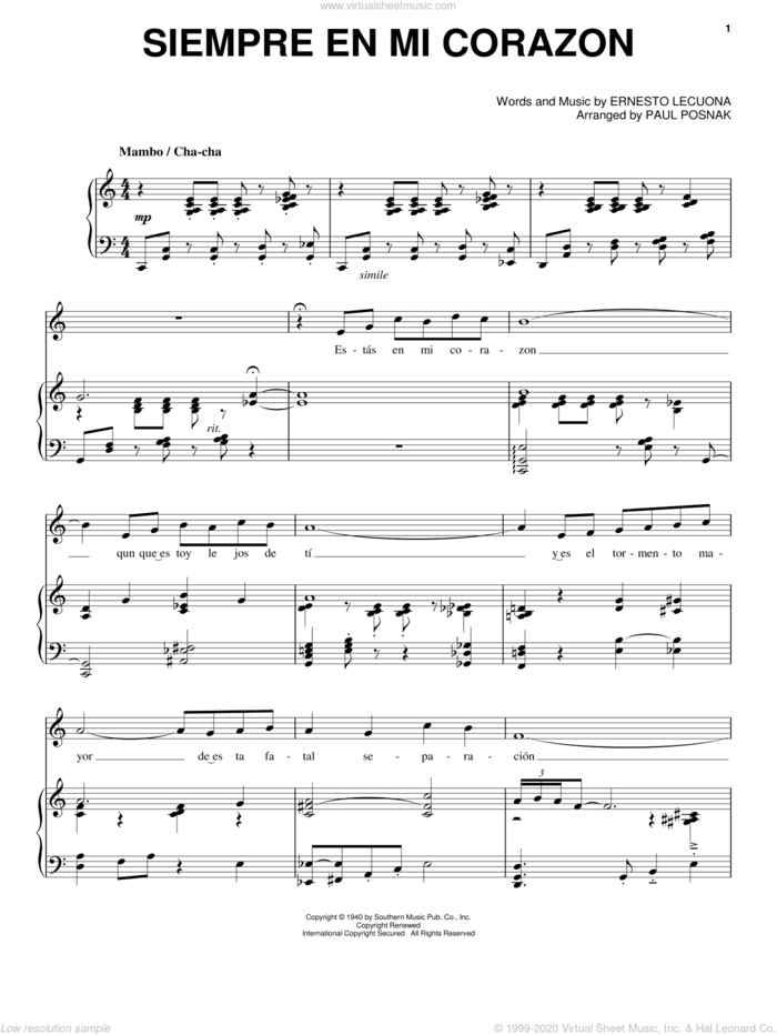 Siempre En Mi Corazon sheet music for voice and piano by Ernesto Lecuona and Paul Posnak, intermediate skill level