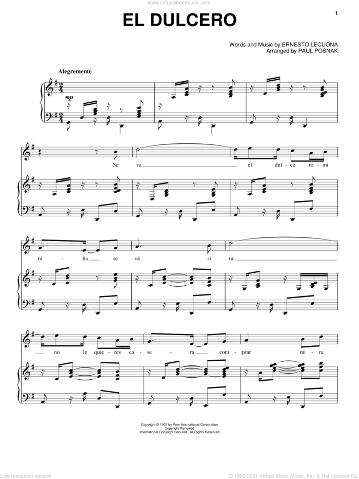 El Dulcero sheet music for voice and piano by Ernesto Lecuona and Paul Posnak, intermediate skill level
