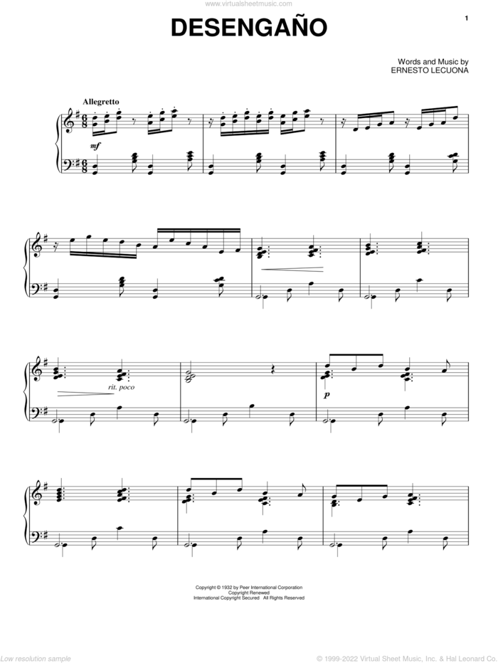 Desengano sheet music for voice and piano by Ernesto Lecuona and Paul Posnak, intermediate skill level