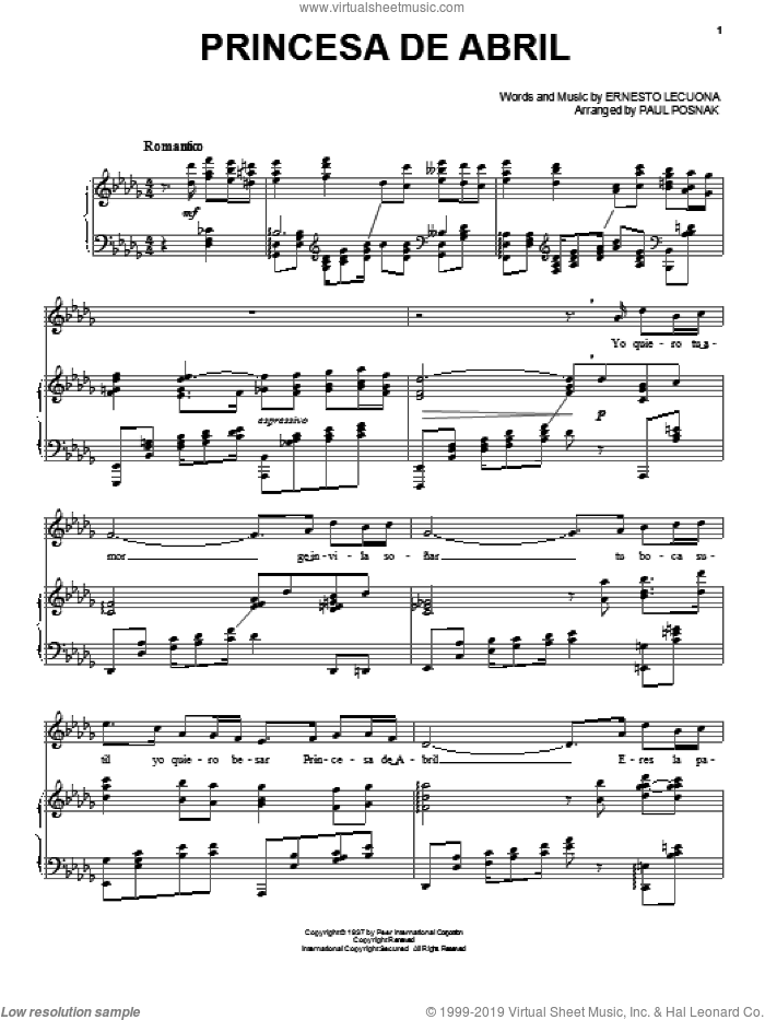 Princesa De Abril sheet music for voice and piano by Ernesto Lecuona and Paul Posnak, intermediate skill level