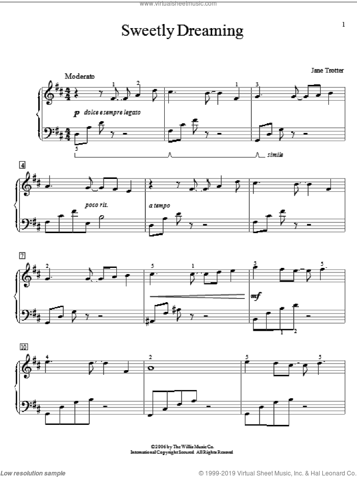 Sweetly Dreaming sheet music for piano solo (elementary) by Jane Trotter, beginner piano (elementary)