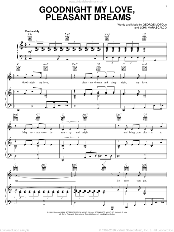 Goodnight My Love, Pleasant Dreams sheet music for voice, piano or guitar by Jesse Belvin, McGuire Sisters, Paul Anka, George Motola and John Marascalco, intermediate skill level