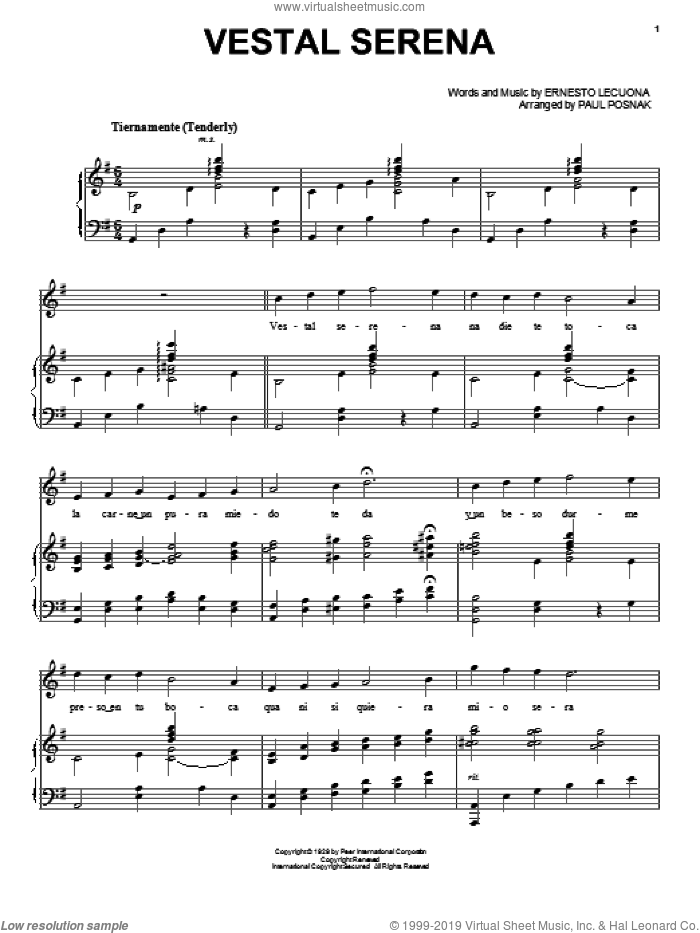 Vestal Serena sheet music for voice and piano by Ernesto Lecuona and Paul Posnak, intermediate skill level