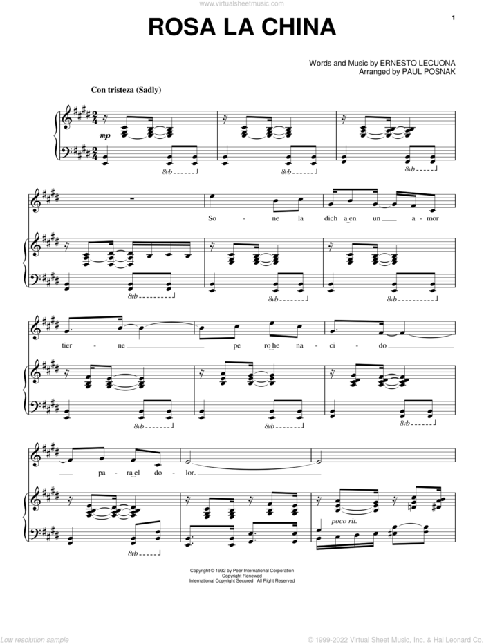 Rosa La China sheet music for voice and piano by Ernesto Lecuona and Paul Posnak, intermediate skill level