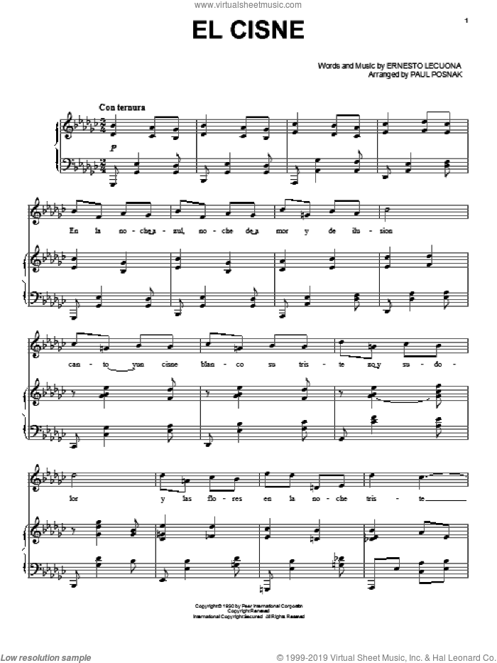 El Cisne sheet music for voice and piano by Ernesto Lecuona and Paul Posnak, intermediate skill level