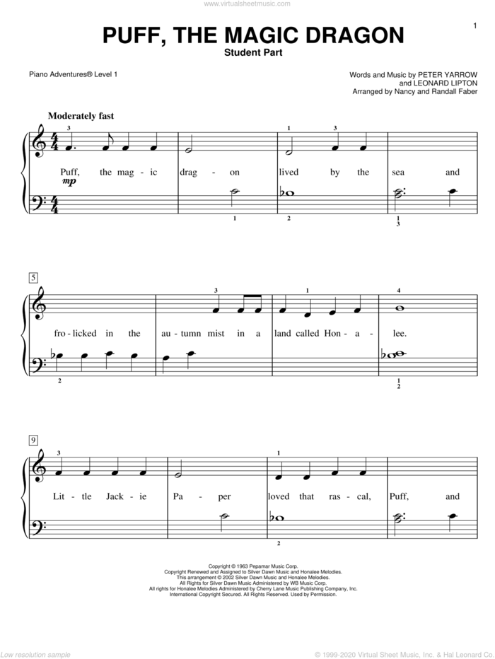 Puff, the Magic Dragon sheet music for piano solo by Peter Yarrow, Leonard Lipton, Nancy and Randall Faber, Paul & Mary and Peter, intermediate/advanced skill level