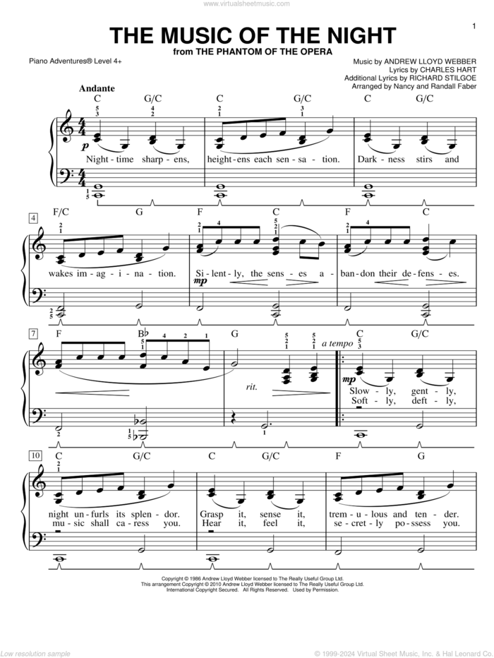 The Music Of The Night, (intermediate/advanced) sheet music for piano solo by Andrew Lloyd Webber, Charles Hart, Nancy and Randall Faber and Richard Stilgoe, intermediate/advanced skill level