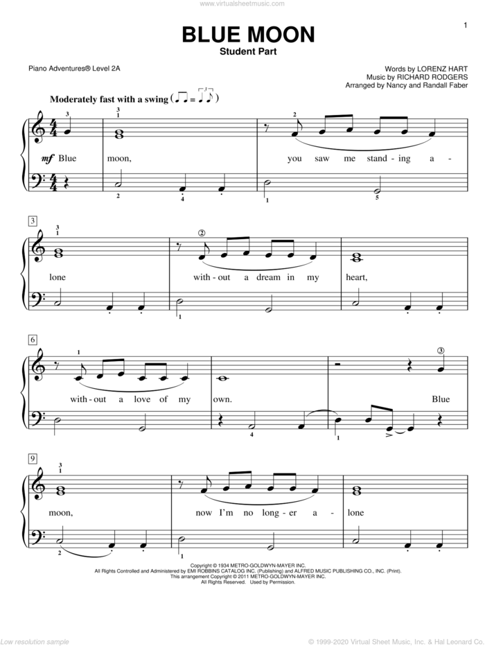 Blue Moon, (intermediate/advanced) sheet music for piano solo by Richard Rodgers, Lorenz Hart, Mel Torme and Nancy and Randall Faber, intermediate/advanced skill level
