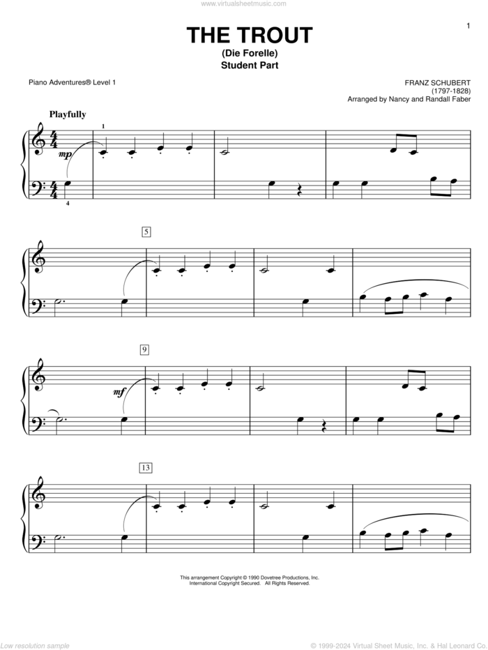 The Trout (Die Forelle) sheet music for piano solo by Franz Schubert and Nancy and Randall Faber, classical score, intermediate/advanced skill level