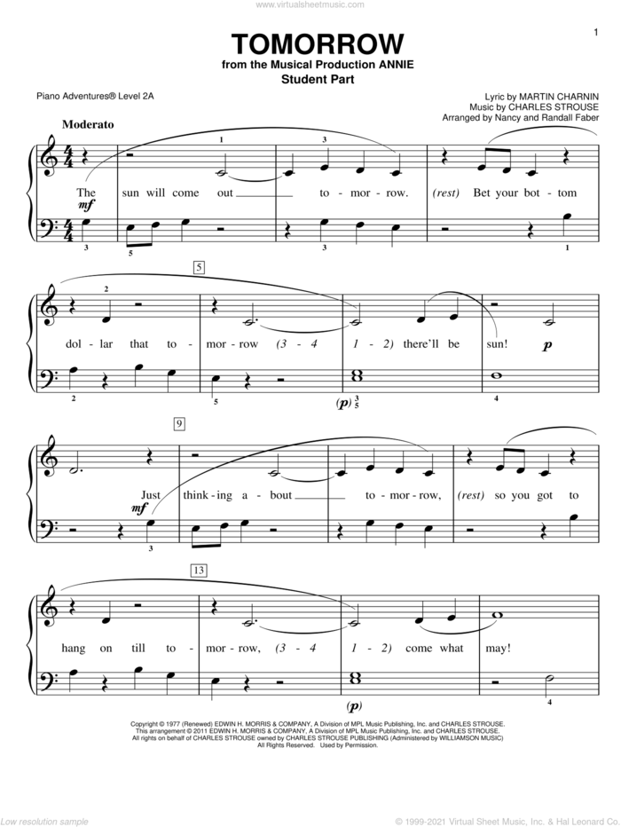 Tomorrow, (intermediate/advanced) sheet music for piano solo by Charles Strouse, Martin Charnin and Nancy and Randall Faber, intermediate/advanced skill level