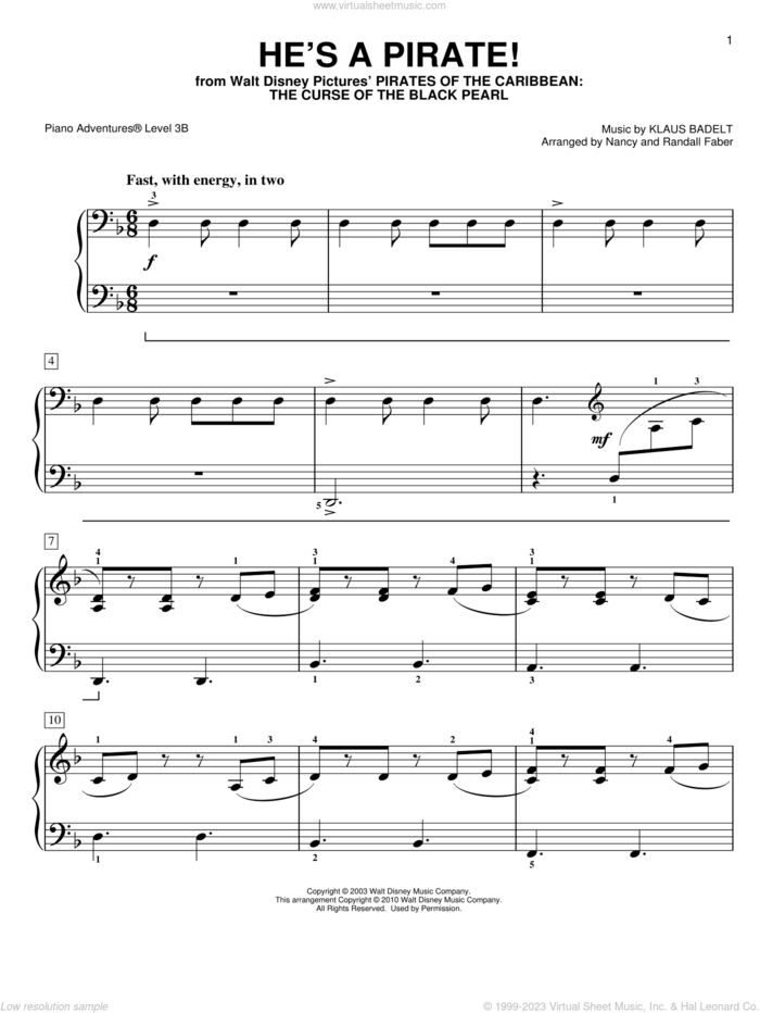 He's a Pirate sheet music for piano solo by Klaus Badelt and Nancy and Randall Faber, intermediate/advanced skill level
