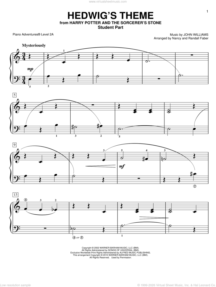 Hedwig's Theme sheet music for piano solo by John Williams and Nancy and Randall Faber, intermediate+ skill level