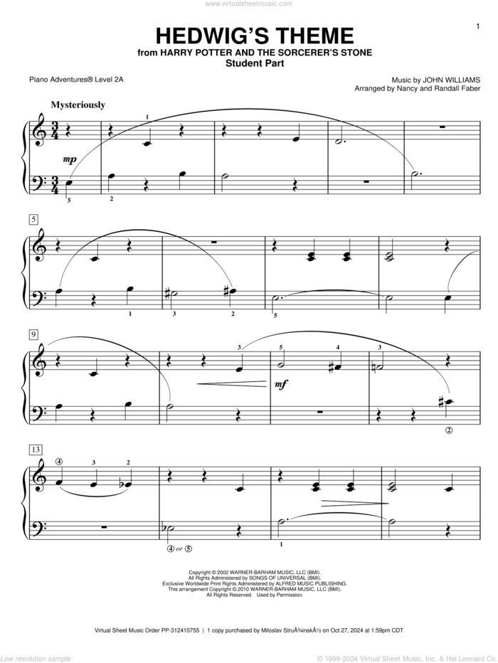 Hedwig's Theme sheet music for piano solo by John Williams and Nancy and Randall Faber, intermediate/advanced skill level