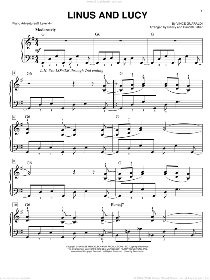 Linus and Lucy sheet music for piano solo by Vince Guaraldi and Nancy and Randall Faber, intermediate+ skill level