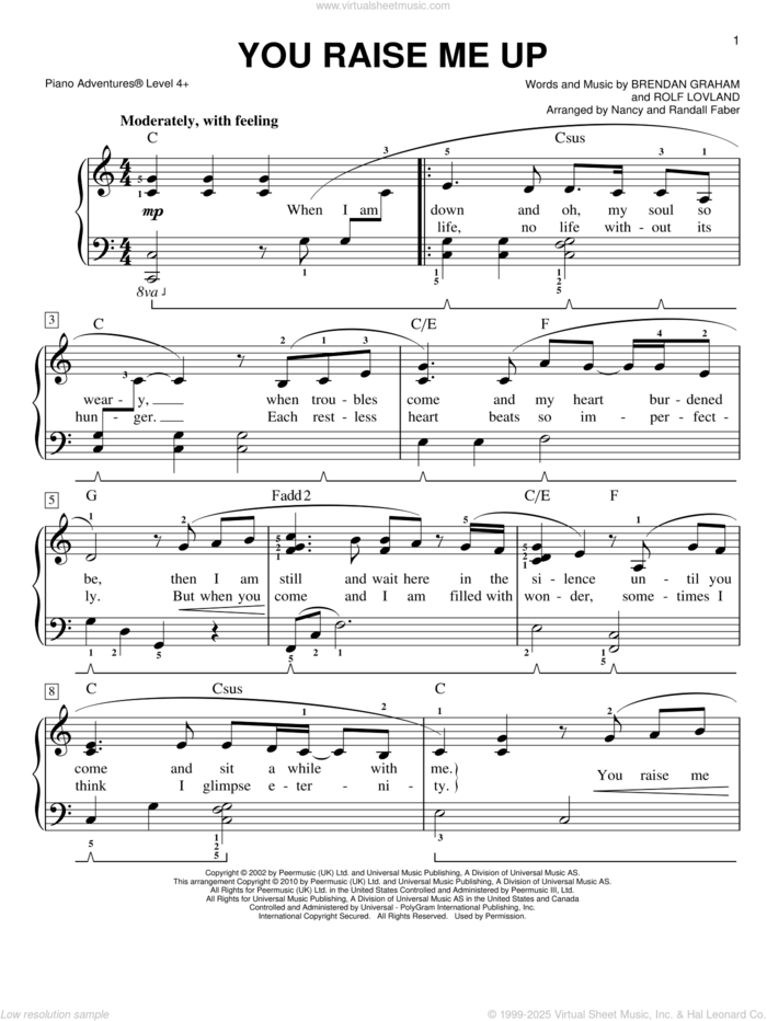 You Raise Me Up, (intermediate+) sheet music for piano solo by Josh Groban, Brendan Graham and Rolf Lovland and Nancy and Randall Faber, wedding score, intermediate+ skill level