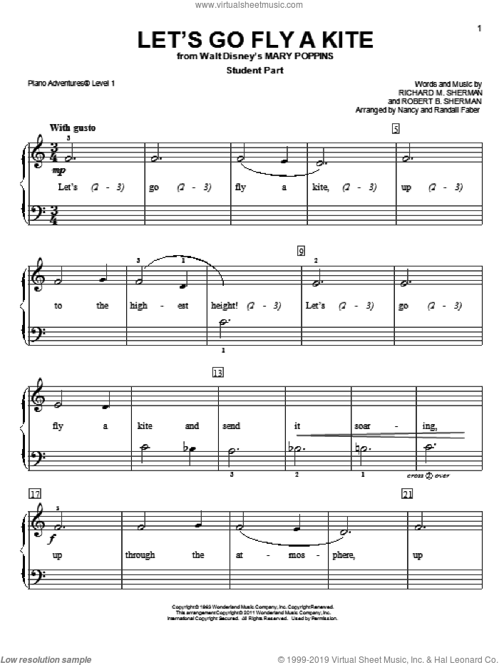 Let's Go Fly A Kite (from Mary Poppins) sheet music for piano solo by Richard M. Sherman, Nancy and Randall Faber, Robert B. Sherman and Sherman Brothers, intermediate/advanced skill level