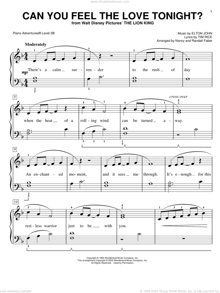 Can You Feel the Love Tonight (from The Lion King) sheet music for piano solo by Elton John, Nancy and Randall Faber and Tim Rice, intermediate/advanced skill level