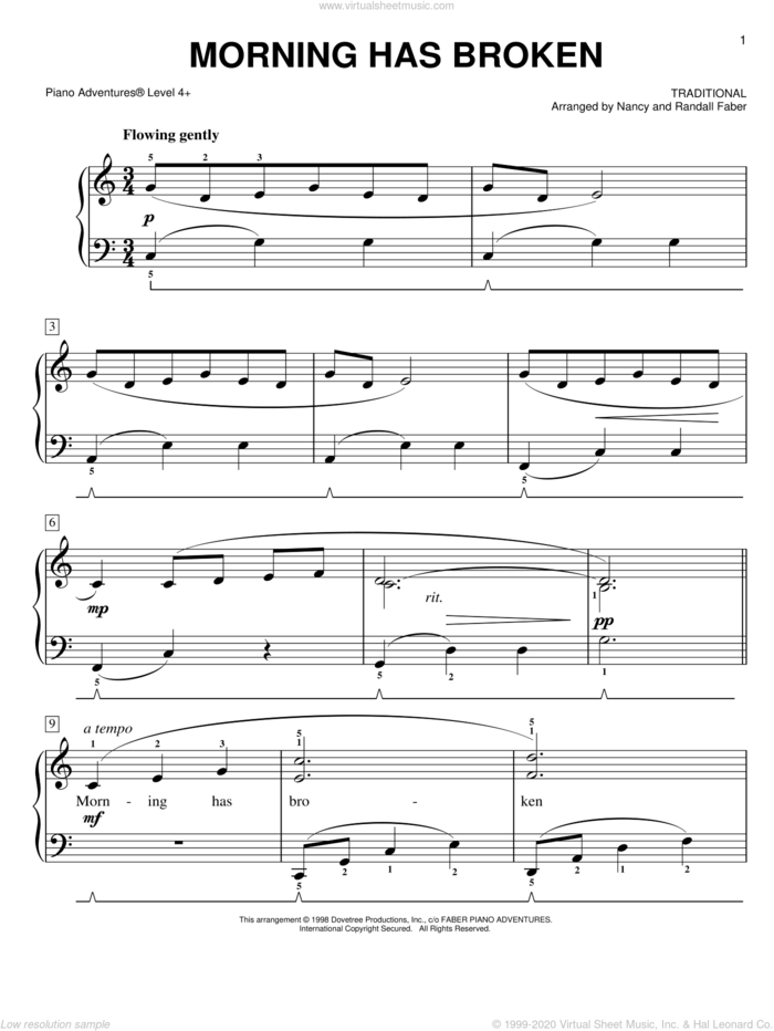 Morning Has Broken sheet music for piano solo by Nancy and Randall Faber and Miscellaneous, intermediate/advanced skill level