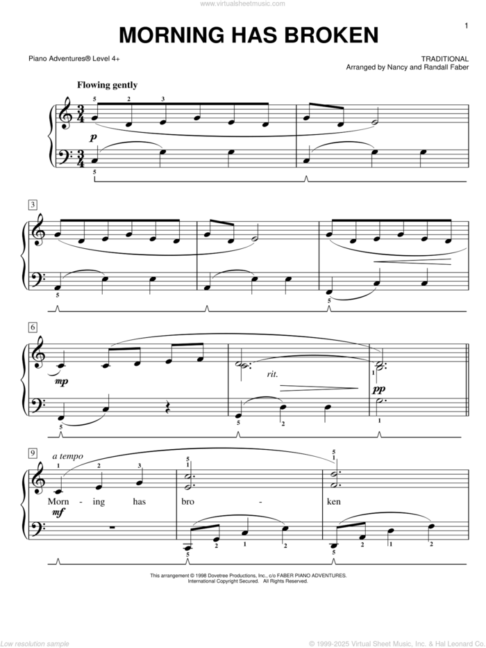 Morning Has Broken sheet music for piano solo by Nancy and Randall Faber and Miscellaneous, intermediate+ skill level