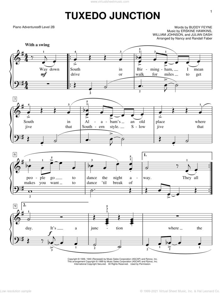 Tuxedo Junction sheet music for piano solo by Glenn Miller, Buddy Feyne, Erskine Hawkins, Julian Dash, Nancy and Randall Faber and William Johnson, intermediate/advanced skill level