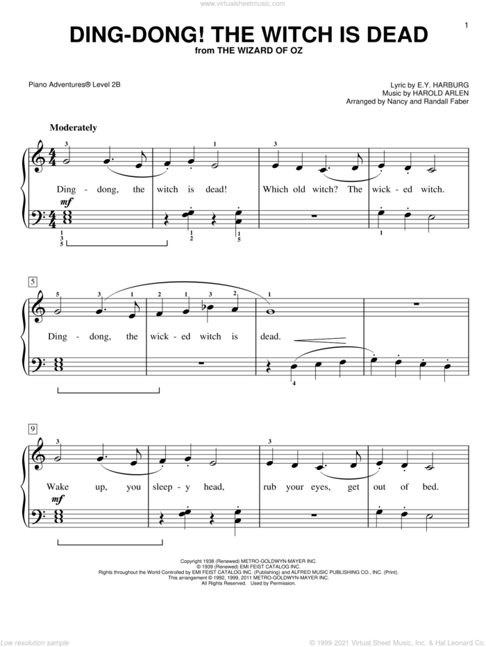 Ding-Dong! The Witch is Dead sheet music for piano solo by Harold Arlen, E.Y. Harburg and Nancy and Randall Faber, intermediate/advanced skill level