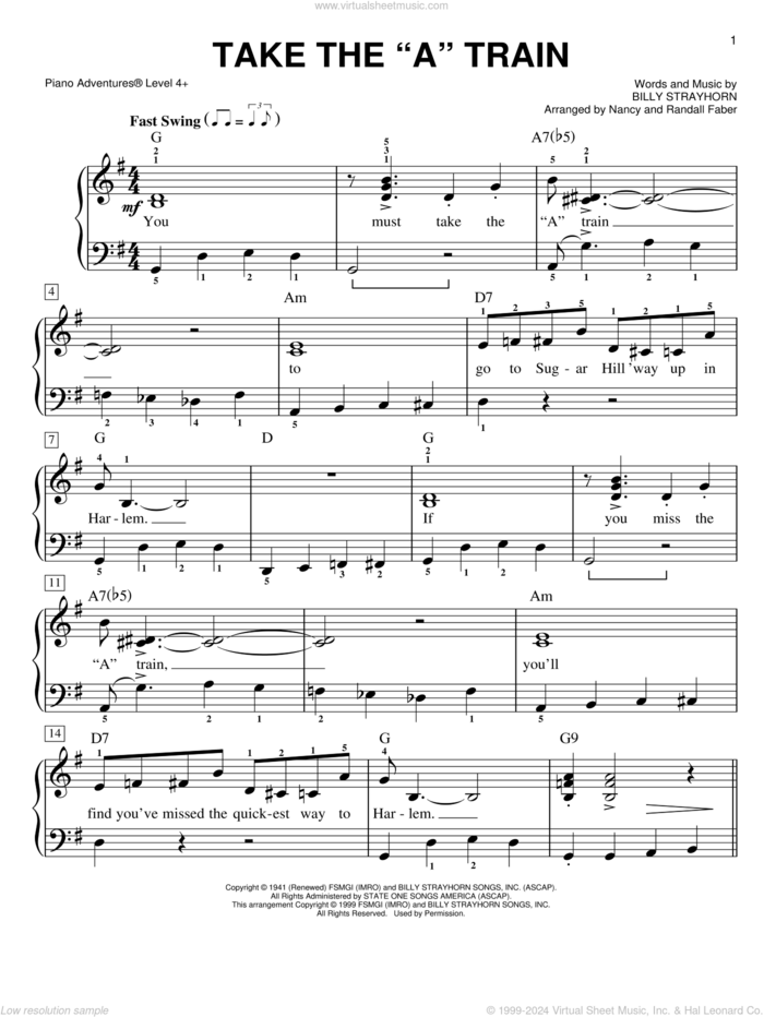 Take The 'A' Train, (intermediate/advanced) sheet music for piano solo by Duke Ellington, Billy Strayhorn and Nancy and Randall Faber, intermediate/advanced skill level