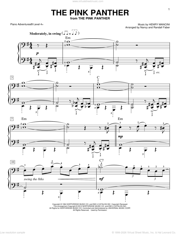 The Pink Panther, (intermediate+) sheet music for piano solo by Henry Mancini and Nancy and Randall Faber, intermediate+ skill level