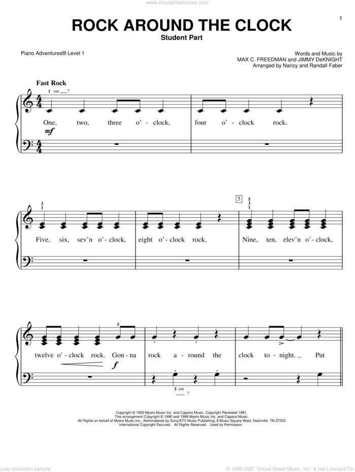 Rock around the Clock sheet music for piano solo by Bill Haley & His Comets, Jimmy DeKnight, Max C. Freedman and Nancy and Randall Faber, intermediate/advanced skill level