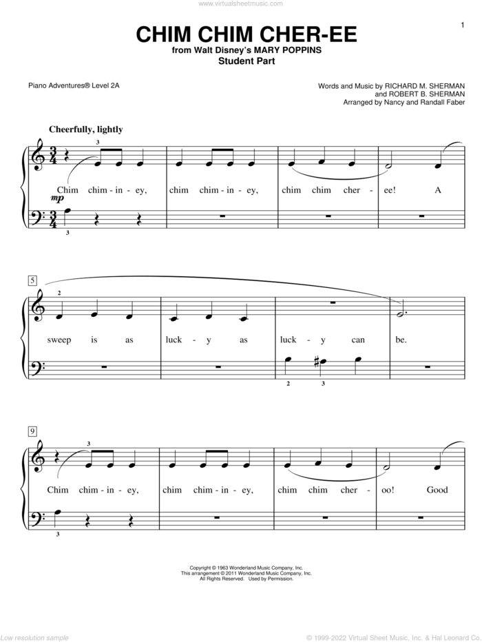 Chim Chim Cher-ee (from Mary Poppins) sheet music for piano solo by Richard M. Sherman, Nancy and Randall Faber, Robert B. Sherman and Sherman Brothers, intermediate/advanced skill level