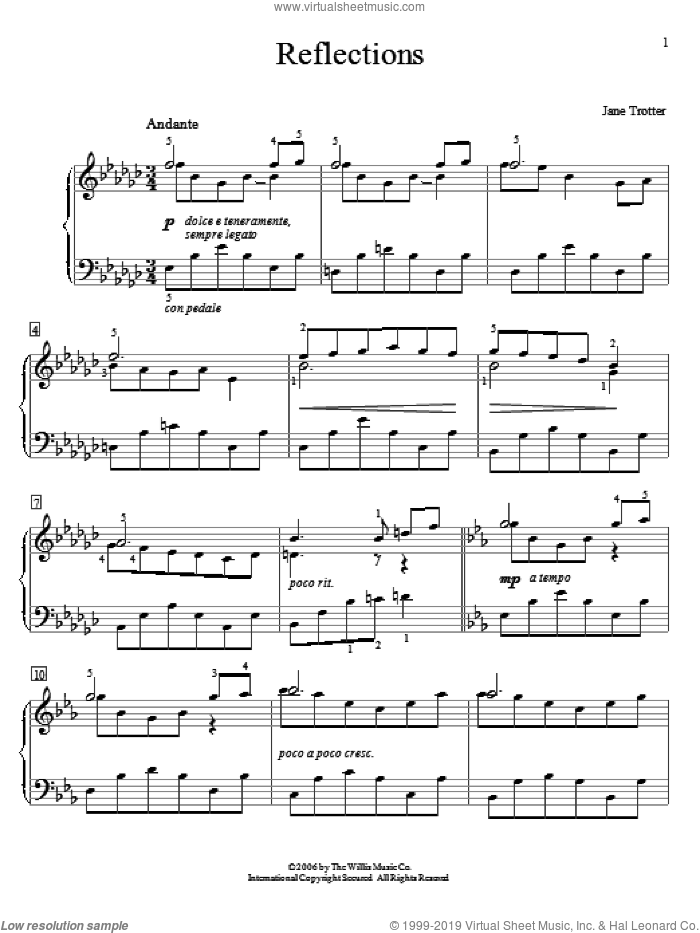 Reflections sheet music for piano solo (elementary) by Jane Trotter, beginner piano (elementary)