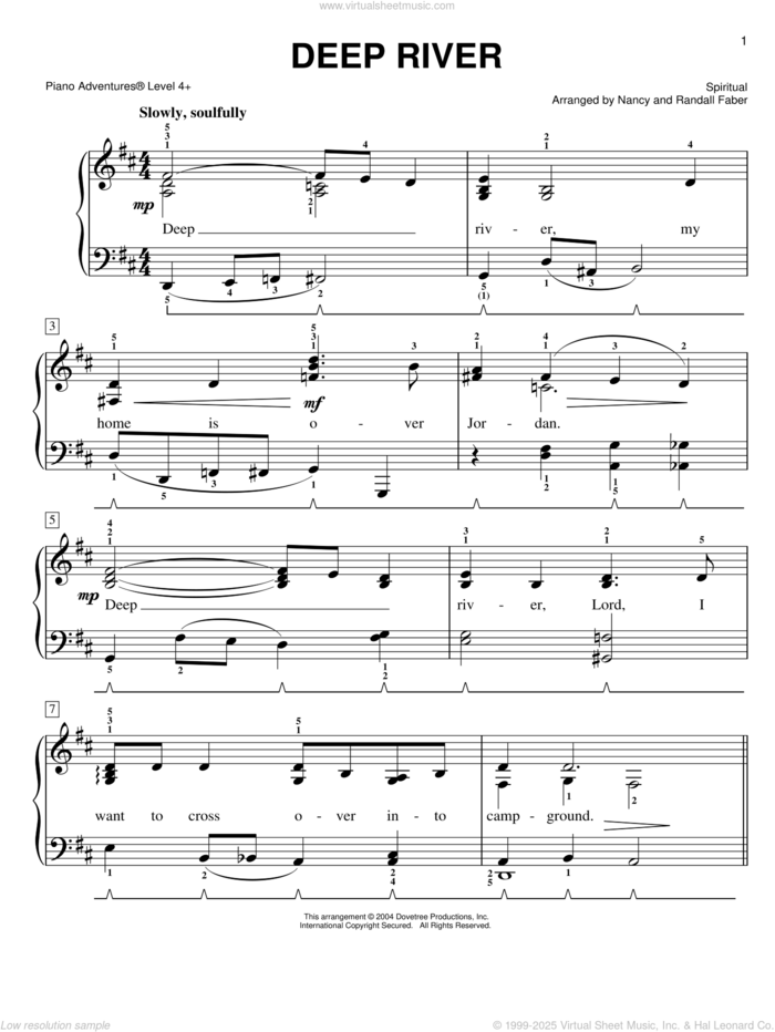 Deep River sheet music for piano solo by Nancy and Randall Faber and Miscellaneous, intermediate+ skill level